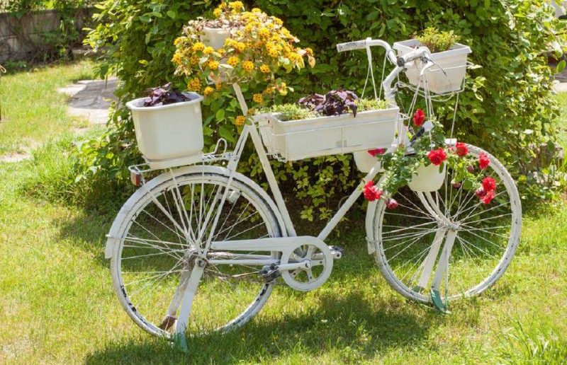 Изящный велосипед, увешанный и уставленный цветами, превращается в роскошную клумбу